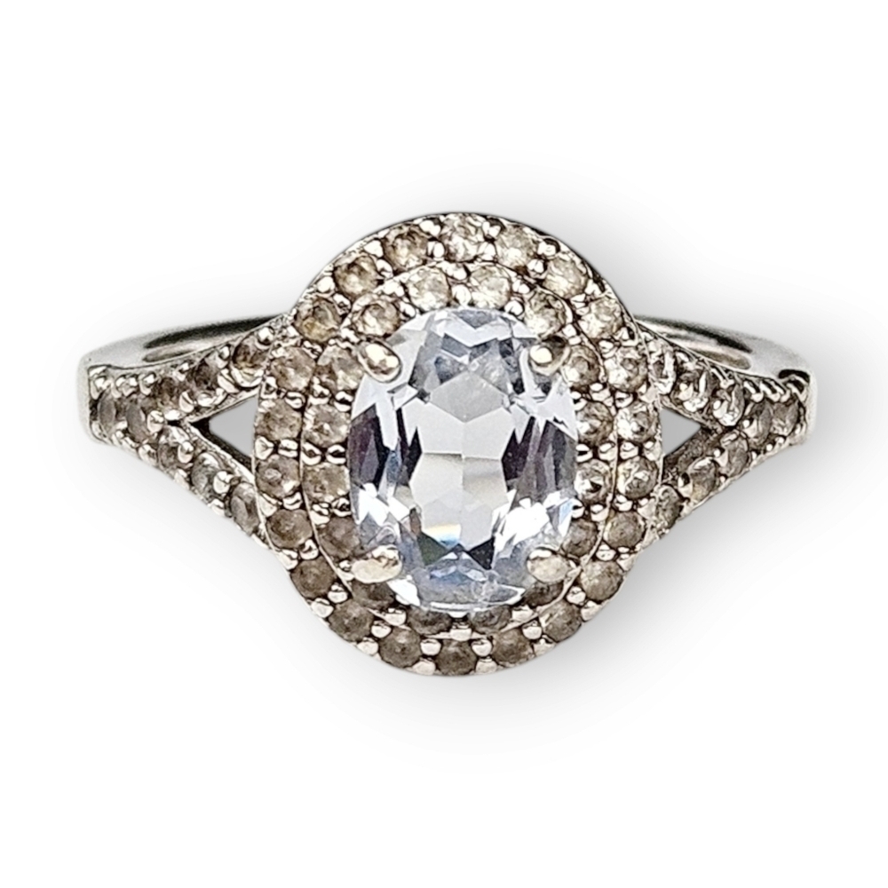 Aquamarine White Topaz Double Halo Ring Sterling Oval Pale Blue 925 Silver 6.75